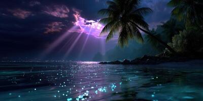 Calm tropical waters reflect dazzling light rays under a dramatic night sky with palm trees swaying gently photo