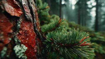 Close view of vibrant pine tree bark and lush needles in a misty forest during early morning hours photo