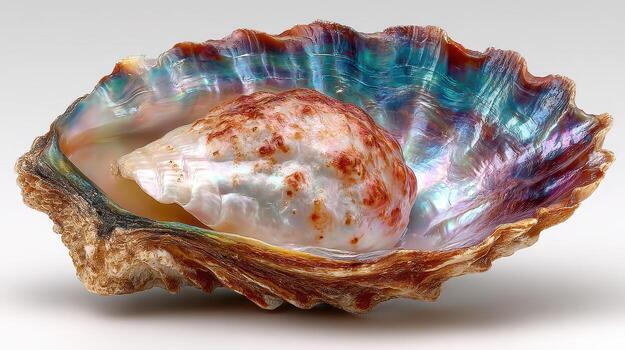 Beautiful shell with iridescent colors found on a tropical beach at sunset photo