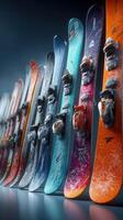 Ski equipment lineup showcasing colorful snowboards in a well-lit indoor setting photo