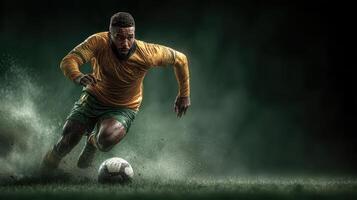 Dynamic soccer player sprinting across the field as dust clouds rise during a competitive match in an evening setting photo