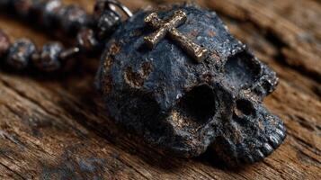 Unique skull pendant with cross design resting on wooden surface in soft light photo