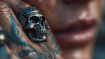 Close-up view of detailed skull ring alongside intricate tattoo art on a person's hand photo