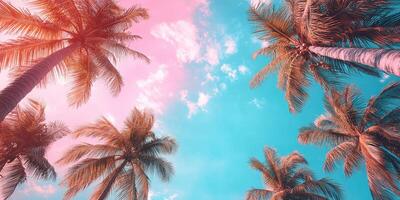 Colorful palm trees against a bright sky during sunset create a tranquil atmosphere in a tropical paradise setting photo