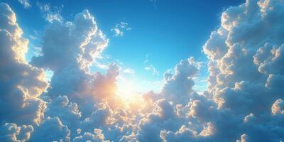 Bright sunlight peeks through fluffy clouds in a serene sky at dawn photo