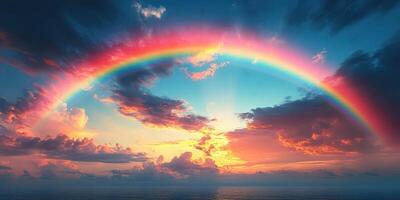Colorful rainbow arches across the sky as sunset paints clouds over the ocean in tranquil evening hours photo