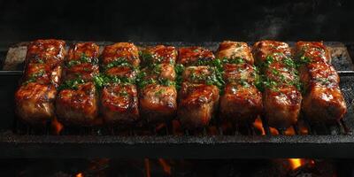 Grilled meat skewers garnished with fresh herbs cooked over open flames in a smoky setting photo