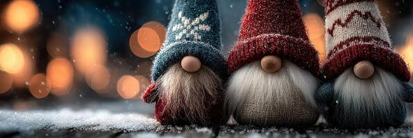Gnome figures with intricate hats sitting on wooden surface during winter season with soft warm lights in background photo