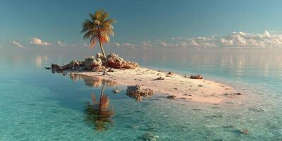 Tranquil tropical island with clear water and lone palm tree under a bright sky photo