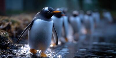 Gentle penguins waddle along the shore at twilight near a serene water body in a cold climate photo