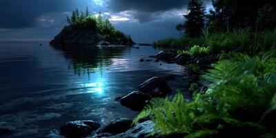Luminous shoreline at night with serene water reflections and lush greenery in a peaceful natural setting photo