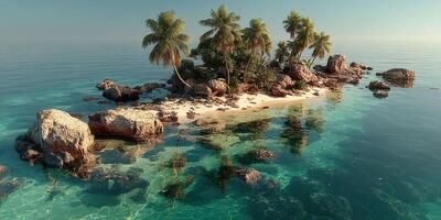 Beautiful tropical island with clear turquoise water and palm trees during midday under bright sunlight photo