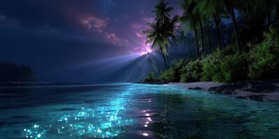 Starlit beach at night with glowing water and palm trees illuminated by moonlight photo