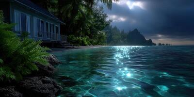 Serene beachfront bungalow under a starry night sky near tropical waters in a secluded paradise photo