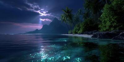 Nighttime beach landscape with glowing water and palm trees under a starry sky in a tropical setting photo