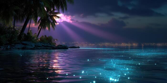Serene tropical seascape at twilight with shimmering lights and palm trees along the shore photo