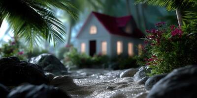 Serene tropical retreat with a charming house surrounded by lush greenery and a gentle stream during twilight photo