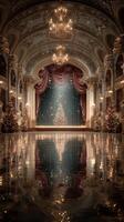 Festive holiday celebration in an ornate theater with a beautifully decorated Christmas tree and shimmering reflections photo
