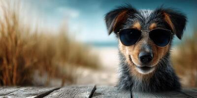 Dog wearing sunglasses smiles happily on a wooden deck near the beach during sunny weather photo