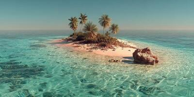 Tropical island with palm trees and turquoise waters in bright sunlight during midday photo