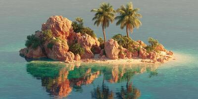 Tropical island with palm trees and rocky formations reflecting in calm turquoise waters at sunrise photo