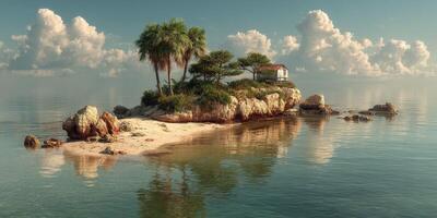 Serene tropical island with a small house surrounded by calm waters and lush greenery at midday photo