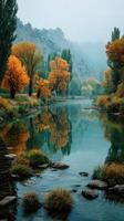 Autumn landscape showcases vibrant trees reflecting in a tranquil river near mountain hills at dawn photo