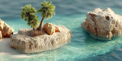 Small tropical island with palm trees and clear blue water under bright sunlight in a serene setting photo