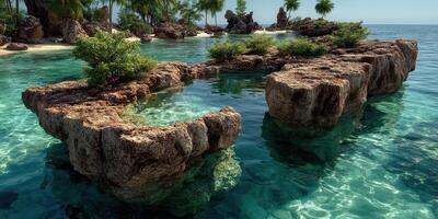 Rocky formations surrounded by clear turquoise water and lush greenery in a tropical paradise setting photo