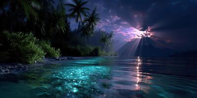 Tranquil night at a tropical beach with luminous waters and radiant clouds illuminating the sky photo