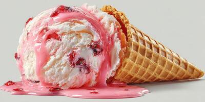 Melting strawberry ice cream cone with drips on a neutral background during a warm summer day photo