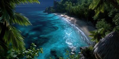 Beautiful tropical beach at night under starlit sky showcasing clear turquoise waters and lush greenery photo