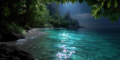 Serene coastal landscape at twilight with shimmering waters and lush greenery photo