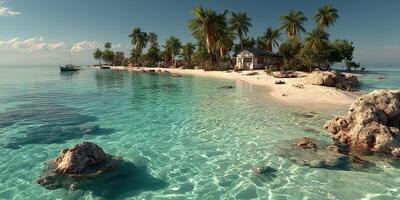 Tropical paradise with pristine waters, palm trees, and a serene island retreat during sunset photo