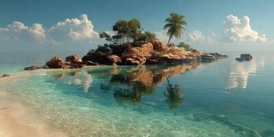 Peaceful tropical island with clear water and lush greenery under a bright blue sky at midday photo