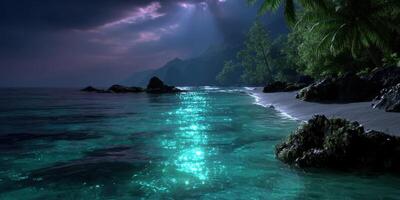 Beautiful tropical coastline with shimmering turquoise waters in the evening light photo