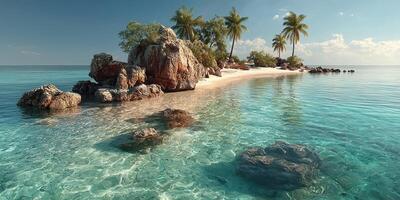 Tropical island oasis with clear waters and palm trees under a bright blue sky in a sunny coastal landscape photo