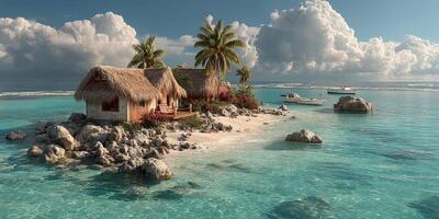 Beautiful tropical island with a thatched-roof cottage surrounded by crystal clear waters and palm trees photo