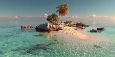 Serene tropical island with clear blue waters and lush palm trees under a sunny sky photo