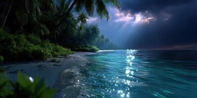 Serene tropical beach under a dramatic sky at twilight with shimmering water reflections photo