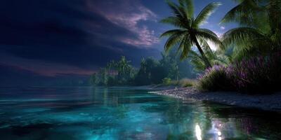 Calm tropical lagoon under a night sky with illuminated water photo