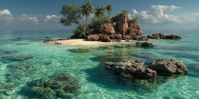 Serene tropical island with clear waters and rocky shoreline under bright sky photo