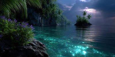 Tranquil tropical bay surrounded by lush cliffs and vibrant flora at dusk with reflections on calm water photo