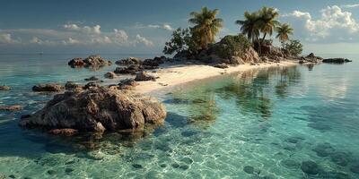 Peaceful tropical island with crystal clear water and palm trees under bright blue sky photo