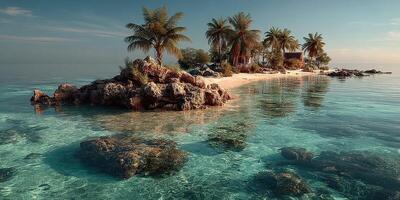 Scenic tropical island with clear waters and lush palm trees on a calm day under the sunny sky photo
