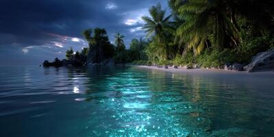 Tranquil coastal view at dusk with reflections in calm water and lush palm trees photo