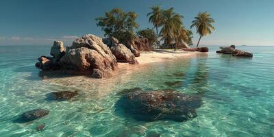 Tropical paradise with clear waters and palm trees on a serene island during daylight photo