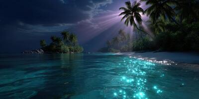 Nighttime beach view with glowing water and palm trees under a moonlit sky photo
