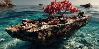 Floating coral reef surrounded by calm waters at sunset photo