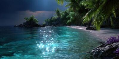 Calm evening by the tropical beach with shimmering water and lush greenery under a starry sky photo